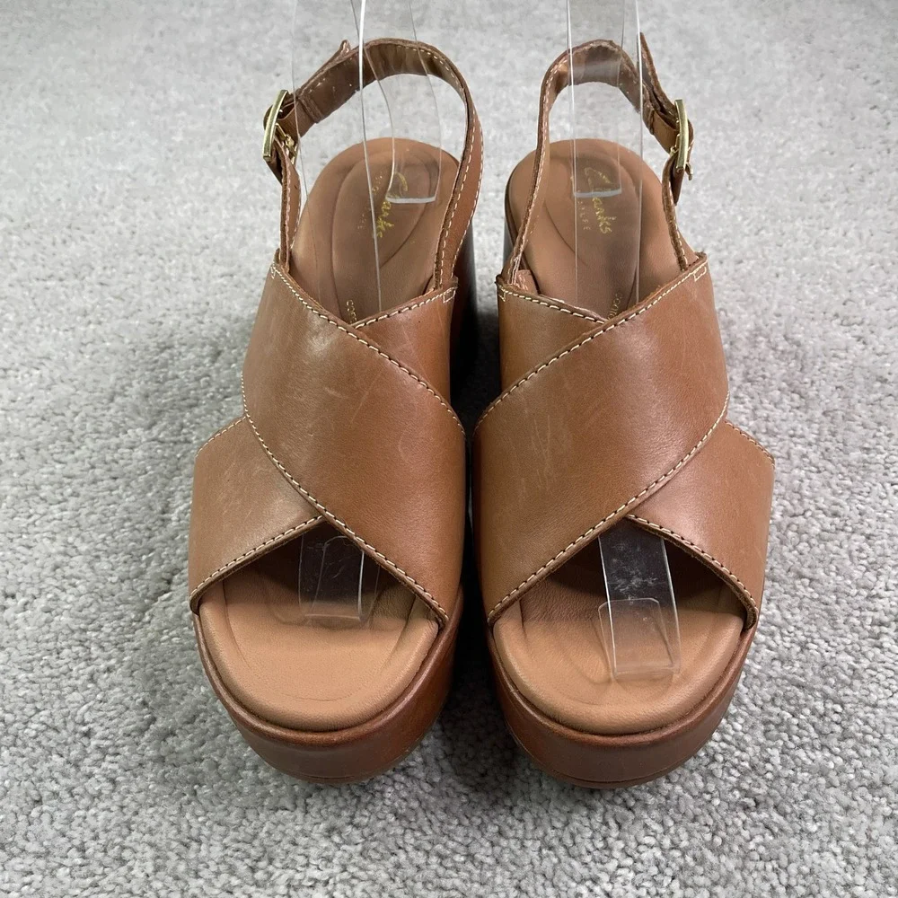 Clarks Manon Wish Sandals Women Size 8 Wide Tan Leather Wedge Slingback Platform